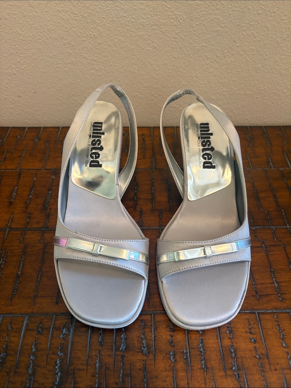 Unlisted by Kenneth Cole Silver Slingback Sandal Heels with Bow Detail